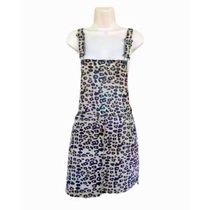 Leopard Print Denim Overall Mini Dress Frayed Hem Medium‎ Grunge Y2K Mobwife EC